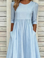 Women Striped Crew Neck Half Sleeve H-Line Maxi Dress