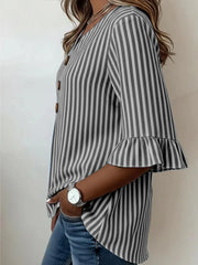 Women V Neck Half Sleeve Striped Ruffle Cuff Casual Blouse