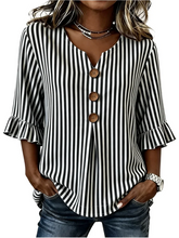 Women V Neck Half Sleeve Striped Ruffle Cuff Casual Blouse