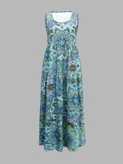 Women Crew Neck Sleeveless Paisley Print Loose A-Line Maxi Dress