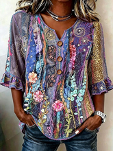 Women V Neck Half Sleeve Vintage Floral Print Peplum Cuff Blouse
