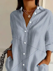Women Shirt Collar Long Sleeve Asymmetric Striped Loose Button Up Shirt