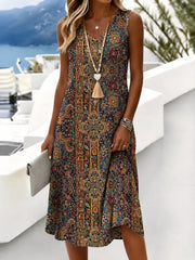Women V Neck Sleeveless Boho Floral Print Loose A-Line Midi Dress