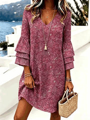 Women V-Neck Tiered Sleeve Floral A-Line Midi Dress