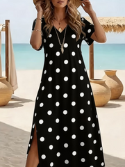 Women Polka Dots Summer Printing Crew Neck Short Sleeve Maxi T-Shirt Dress