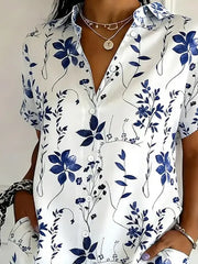 Women Shirt Collar Short Sleeve Floral Print Button Up Shirt