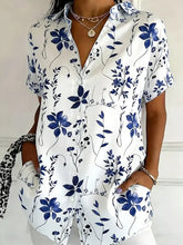 Women Shirt Collar Short Sleeve Floral Print Button Up Shirt