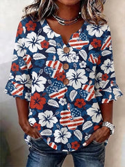 Women V Neck Half Sleeve Independence Day Floral Flag Micro-Elastic Blouse