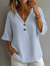 V Neck Half Sleeve Stripe-Blue Striped Loose Micro-Elastic Blouse