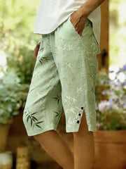 Casual Plants Print Lightgreen Natural Straight Capri Pants