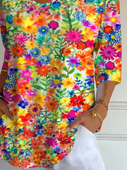 Bright Watercolor Floral V Neck Three Quarter Sleeve Loose Graphic Tee