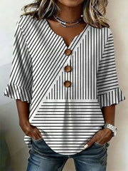 V Neck Half Sleeve Spliced Striped Print Ruffle Cuff Button Blouse