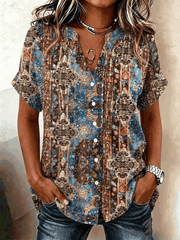 Women V Neck Short Sleeve Paisley Floral Loose Button Down Shirt