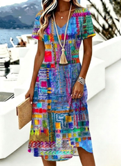 Women Abstract Graphic Summer Dress V Neck Short Sleeve A-Line Dress