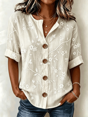 V Neck Three Quarter Sleeve Floral Regular Loose Shirt For Women