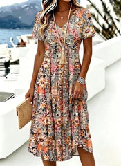 Women Floral Summer Dress V Neck Short Sleeve A-Line Dress