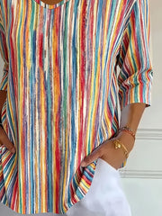 Casual Abstract Stripes V Neck Three Quarter Sleeve T-shirt