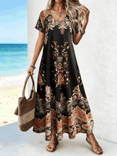 Women Ethnic Summer Dress V Neck Short Sleeve T-Shirt Dress H-Line Dress