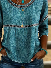 Crew Neck 3/4 Sleeve Floral Printing Regular Loose Blouse For Women