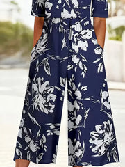 Women Floral V Neck Half Sleeve Casual Summer Jumpsuit