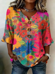 V Neck Half Sleeve Floral Printing Regular Micro-Elasticity Regular Fit Blouse For Women