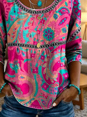 Crew Neck Half Sleeve Floral Printing Regular Micro-Elasticity Loose Blouse For Women
