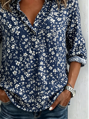 V Neck Long Sleeve Floral Regular Loose Shirt For Women
