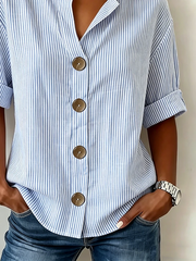 V Neck Half Sleeve Striped Regular Loose Shirt For Women