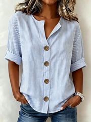 V Neck Half Sleeve Striped Regular Loose Shirt For Women