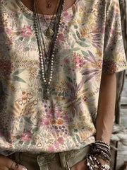 Casual Floral Crew Neck Short Sleeve T-shirt For Women