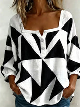 Square Neck Three Quarter Sleeve Abstract Printing Regular Micro-Elasticity Loose Blouse For Women
