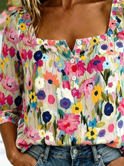 Square Neck Three Quarter Sleeve Floral Regular Micro-Elasticity Loose Blouse For Women