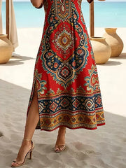 Women Ethnic Summer Printing Dress Crew Neck Short Sleeve T-Shirt Dress H-Line Dress