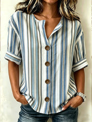 Stand Collar Three Quarter Sleeve Striped Regular Loose Shirt For Women