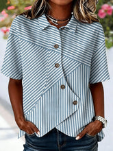 Shawl Collar Short Sleeve Striped Regular Loose Shirt For Women