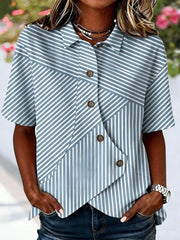 Shawl Collar Short Sleeve Striped Regular Loose Shirt For Women