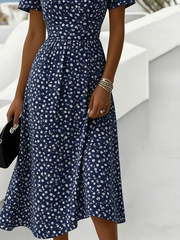 Women Floral Summer Dress V Neck Short Sleeve Beach Dress A-Line Dress