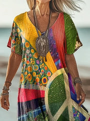 Women Hippie Summer Printing Dress V Neck Short Sleeve T-Shirt Dress H-Line Dress