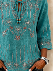 V Neck Half Sleeve Floral Regular Loose Blouse For Women