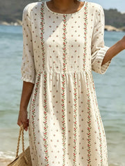 Women's As Picture Floral Printed Casual Crew Neck Cotton-Blend Ocean Pattern Casual Midi Dress