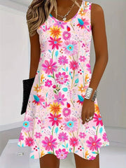 Women Crew Neck Sleeveless Pink Floral Midi Tank A-Line Dress