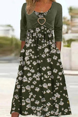 Round Neck Floral Print 3/4 Sleevess Midi Dress