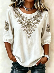 Vintage Floral Embroidery Crew Neck Puff Half Sleeve Loose Linen Blend Blouse