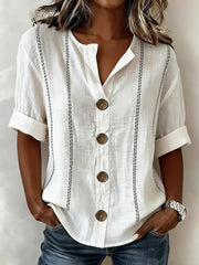 Women Geometric Striped Stand Collar Linen Blend Shirt