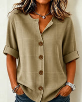 Stand Collar Three Quarter Sleeve Plain Regular Loose Shirt For Women