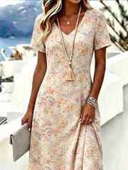 Pink Ditsy Floral V Neck Short Sleeve Loose A-Line Midi T-Shirt Dress