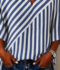 Blue White Mixed Diagonal Vertical Stripe Half Open V Neck Half Sleeve Loose Linen Blend Blouse With Side Pockets