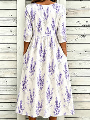 Off White Lavender Floral Crew Neck Half Sleeve A-Line Summer T-Shirt Dress