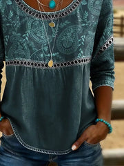 Green Paisley Floral Print Crew Neck Half Sleeve Loose Blouse For Women