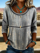 Grey Abstract Glitter Stripe Crew Neck Half Sleeve Loose Blouse For Women